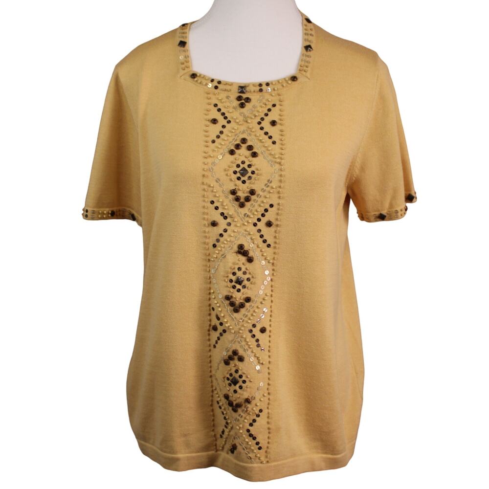 VTG Alfred Dunner Maize Short Sleeve Bead Embroidered Sweater Sz S